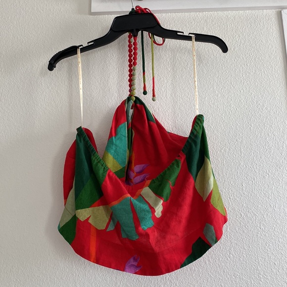 NEW FARM Rio Heliconia Halter Crop Top Red Linen Tropical, size L - Picture 11 of 13